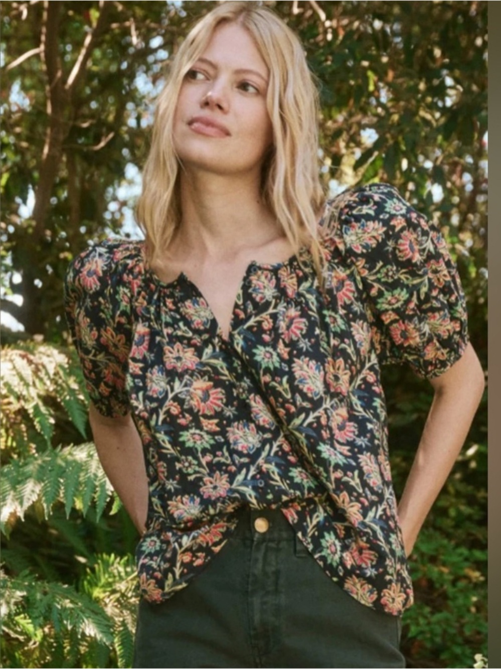 The GREAT. Size S The Porch Top black floral paisley.